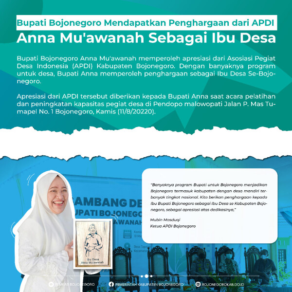 Bupati Anna Dapat Penghargaan dari APDI, Jadi Ibu Desa Se-Bojonegoro